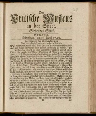 Siebendes Stück. Berlin, Dienstags, den 15. April 1749.
