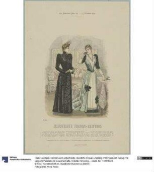 Illustrirte Frauen-Zeitung: Promenaden-Anzug mit langem Paletot und Gesellschafts-Toilette mit eckiger Schleppe