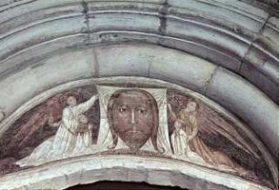 Engel halten die Vera Icon, davor zwei geistliche Stifter
