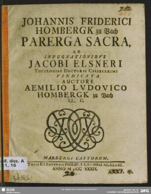 Joh. Frid. Hombergk zu Vach Parerga Sacra