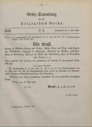 9. Gesetz, eine Zusatzbestimmung zum Gemeindegesetz vom 11. Juni 1858 (Nr. 569. der Gesetzsammlung) betreffend. Vom 16. Mai 1869