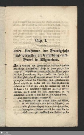 Cap. I. Ueber Verhütung der Feuergefahr und Verhalten bei Entstehung eines Feuers im Allgemeinen