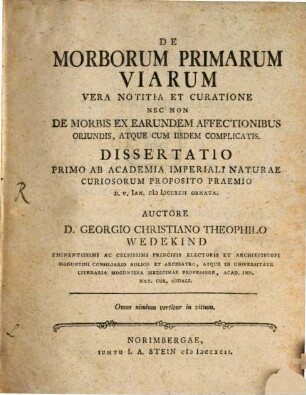 De morborum primarum viarum notitia et curatione nec non de morbis ex earundem affectionibus oriundis, atque cum iisdem complicatis
