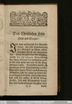Dem Christlichen Leser Heyl und Seegen!