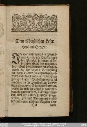 Dem Christlichen Leser Heyl und Seegen!