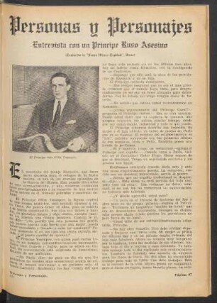Entrevista con un príncipe ruso asesino : (Traducido de "Neues Wiener Tagblatt", Wien)