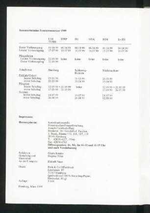 Semestertermine Sommersemester 1999