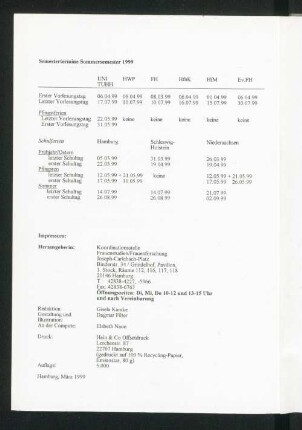 Semestertermine Sommersemester 1999