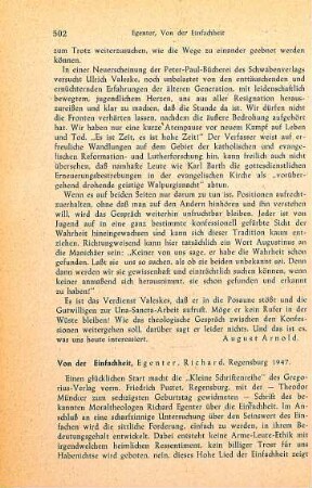 502-503 [Rezension] Egenter, Richard, Von der Einfachheit