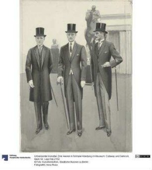 Drei Herren in formaler Kleidung im Museum: Cutaway und Gehrock