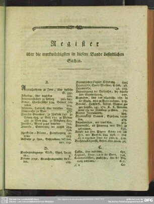 Register über die merkwürdigsten in diesem Bande befindlichen Sachen