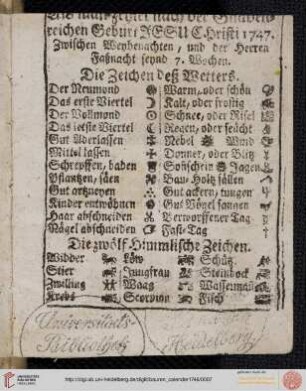 Die Zeichen des Wetters/Die zwölf Himmlische Zeichen