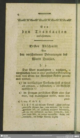 Erster Abschnitt. Von den verschiedenen Bedeutungen des Worts Transact