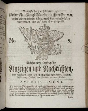 No. 5. Montags, den 3ten Februarii, 1755.