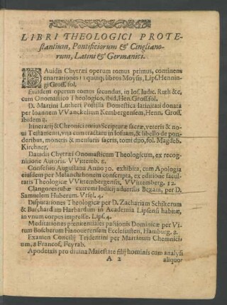 Libri Theologici Protestantium, Pontificiorum Et Cinglianorum, Latini Et Germanici.