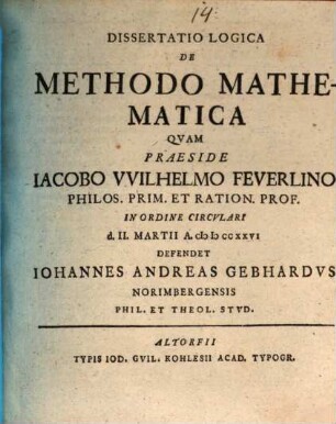 Dissertatio Logica De Methodo Mathematica
