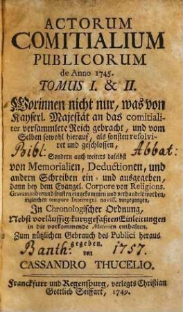 Actorum Comitialium Publicorum de Anno ... Tomus .... 1745,1/2