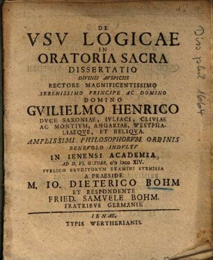 De Vsv Logicae In Oratoria Sacra Dissertatio