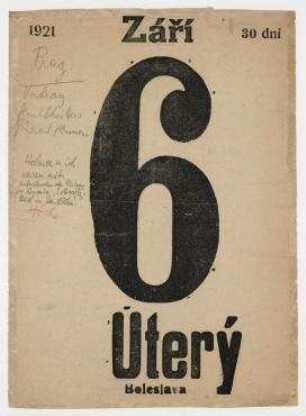 "1921 Zárì 30 dni / 6 Úterý / Boleslava". Kalenderblatt [tschechisch]