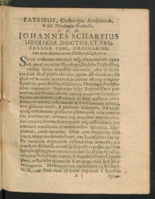 Patribus ... Johanes Scharfius Theologiae Doctor, et Professor Publ. Ordinarius ...
