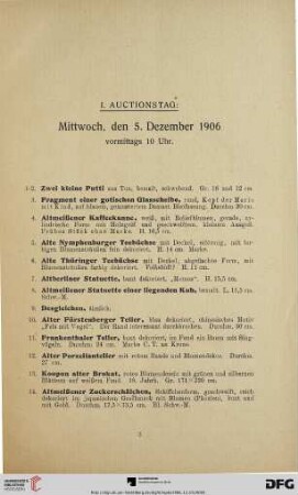 I. Auctionstag: Mittwoch, den 5. Dezember 1906, vormittags 10 Uhr (Nr. 1-209)