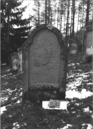 Grabstein 80 (Index: 99608764) Material: Sandstein Zustand: sehr stark verwittert mit fast totalem Textverlust Maße HxBxT: 127x64x14 cm Beschreibung: Stele mit geschwungenem Rundbogen, vertiefter Textteil in gleicher Form: Grabstein 80