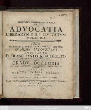 Dissertatio Inavgvralis Ivridica De Advocatia Liberarvm S. R. I. Civitatvm Monastica