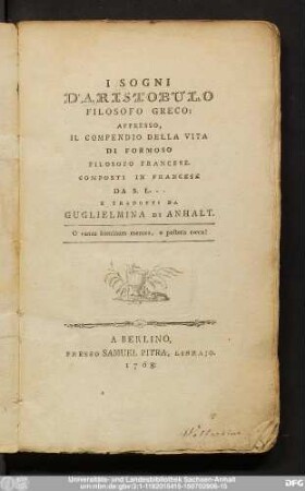I Sogni D'Aristobulo, Filosofo Greco : Appresso, Il Compendio Della Vita Di Formoso, Filosofo Francese