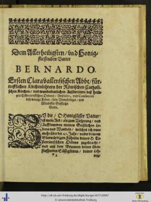 Dem Allerheiligsten / und Honigfliessenden Vatter Bernardo …
