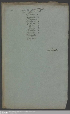 Ms. Ff. Mus. 499 - Am 13. post Trinit. : C. A. T. B., clarino 1, clarino 2, timpano, violino 1, violino 2, oboe 1, oboe 2, flauto 1, flauto 2, violoncello et organo