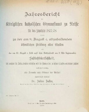 Jahresbericht des Königlichen Katholischen Gymnasiums zu Neisse : für das Schuljahr ..., 1877/78