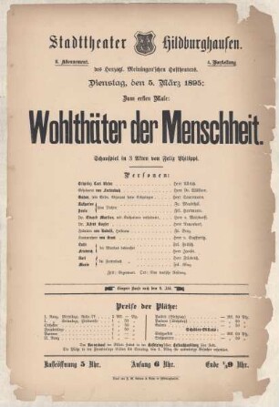 Theaterzettel zur Aufführung des Lustspiels "Die berühmte Frau. von Franz von Schönthan und Gustav Radelburg" in der Spielzeit 1894/95 des Herzoglichen Hoftheaters in Meiningen.