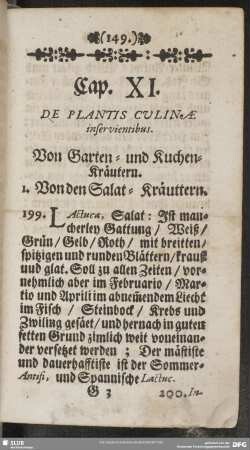 Cap. XI. De Plantis Culinae inservientibus. Von Garten- und Kuchen-Kräutern. I. Von den Salat-Kräuttern
