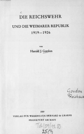 Die Reichswehr und die Weimarer Republik 1919 - 1926