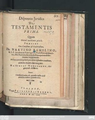 Disputatio Iuridica De Testamentis Prima
