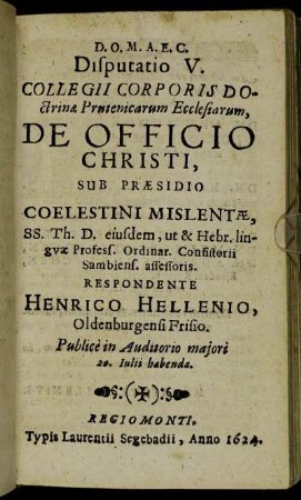 Disputatio V. De Officio Christi.