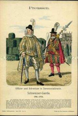 Uniformdarstellung, Offizier und Gemeiner der Schweizer Garde in Zeremonialtracht, Königreich Preußen, 1701/1713.