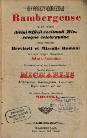 Directorium Bambergense sive ordo divini officii recitandi missaeque celebrandae : juxta rubricas breviarii et missalis Romani .., 1860