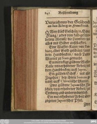 Verzeichnus der Geschencke am dem König in Franckreich.