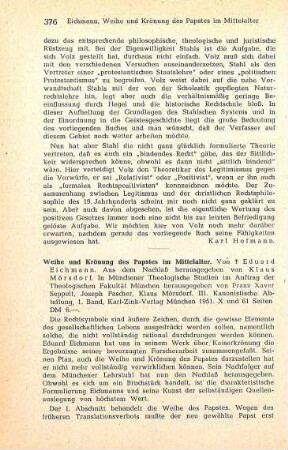 376-377 [Rezension] Eichmann, Eduard, Weihe und Krönung des Papstes im Mittelalter