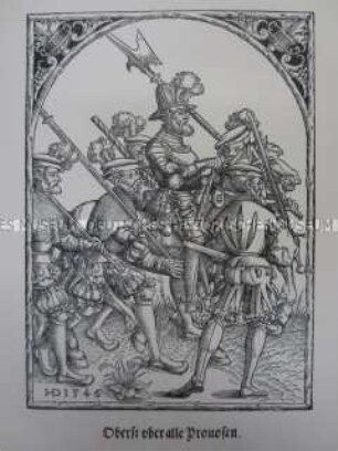 Kriegerdarstellung, Oberst der Profossen zu Pferde, begleitet von drei Profossen und zwei Knechten, 1546/1559.
