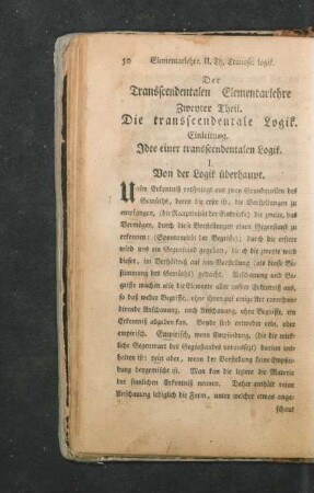 Zweyter Theil. Die transscendentale Logik