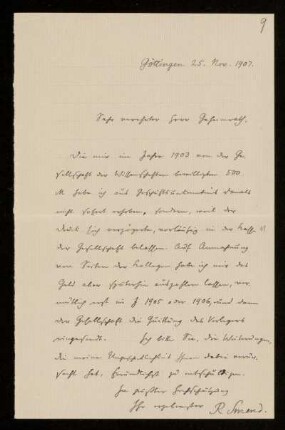 Nr. 9: Brief von Rudolf Smend an Ernst Heinrich Ehlers, Göttingen, 25.11.1907