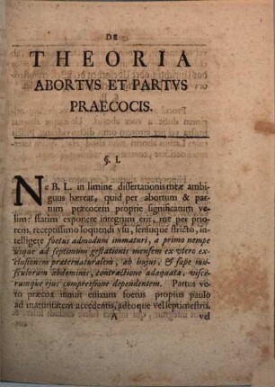 Dissertatio Medica Solennis Exhibens Theoriam Abortvs Et Partvs Praecocis
