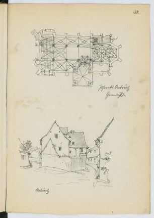 Pfarrkirche, Oestrich. Oestrich: Grundriss Kirche, Perspektivische Ansicht Oestrich (aus: Skizzen- und Fotoalbum 23)