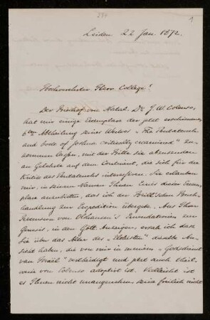 Nr. 1 Brief von Abraham Kuenen an Paul de Lagarde. Leiden, 22.1.1872