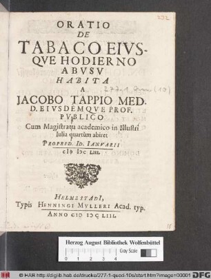 Oratio De Tabaco Eiusque Hodierno Abusu