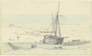 Strand mit großem Fischerboot und Lastwagen, von vier Paar Pferden gezogen
