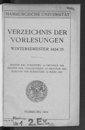 WS 1924/25: Verzeichnis der Vorlesungen // Hamburgische Universität