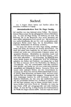 Nachruf : Oberstudiendirektor Prof. Dr. Hugo Gaudig